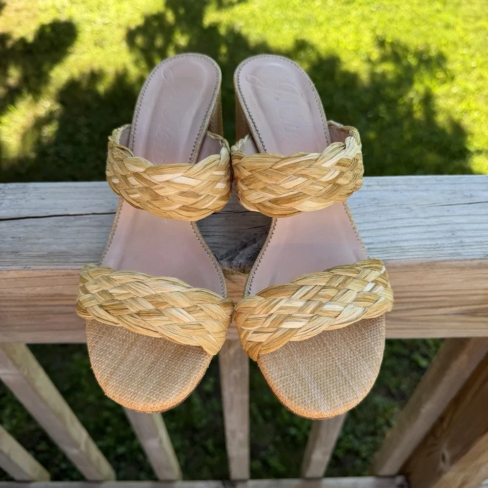 J.Crew Woven Raffia Block Heel Sandals Women's Size 8 Natural Boho Summer
